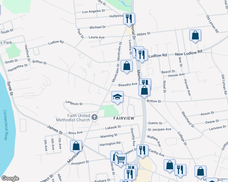 map of restaurants, bars, coffee shops, grocery stores, and more near 311 Montcalm Street in Chicopee