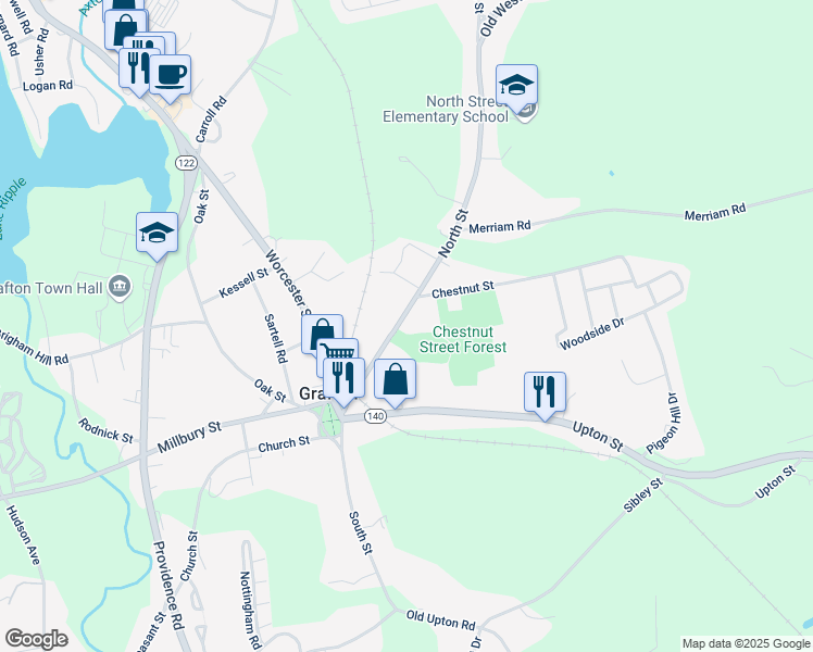 map of restaurants, bars, coffee shops, grocery stores, and more near 22 North Street in Grafton