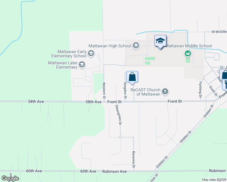 map of restaurants, bars, coffee shops, grocery stores, and more near 57860 Rumshire Drive in Mattawan