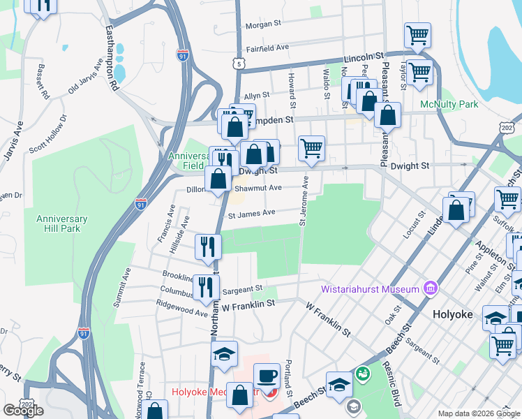 map of restaurants, bars, coffee shops, grocery stores, and more near 59 Saint James Avenue in Holyoke