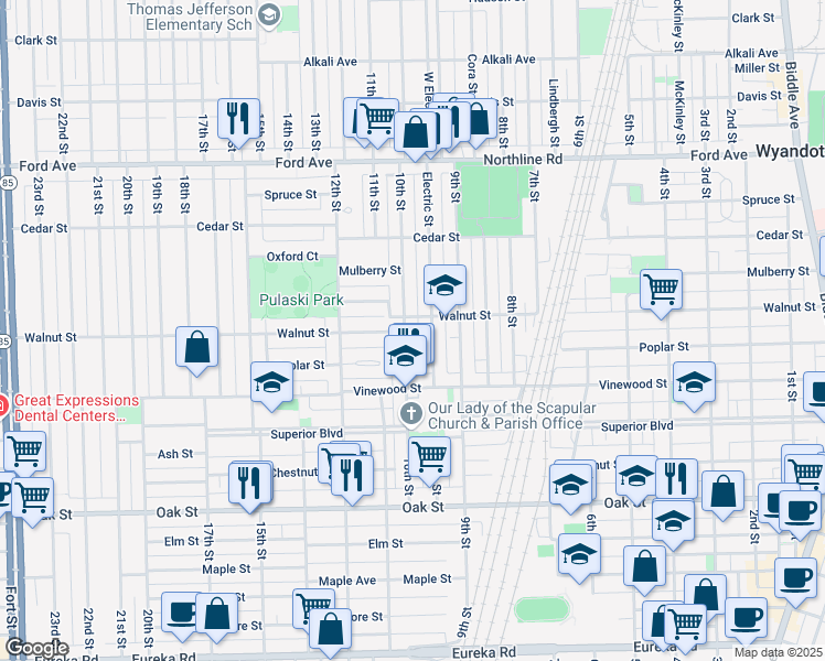 map of restaurants, bars, coffee shops, grocery stores, and more near 2460 Electric Street in Wyandotte