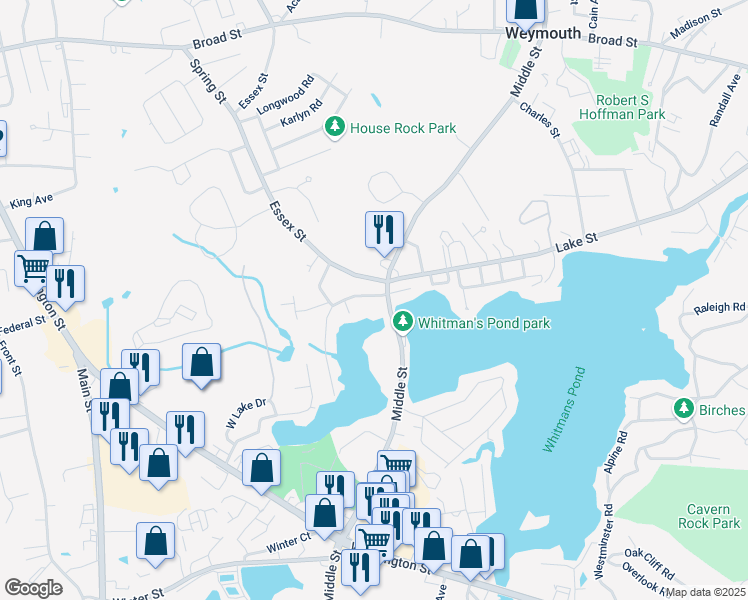 map of restaurants, bars, coffee shops, grocery stores, and more near 12 Greenwood Avenue in Weymouth