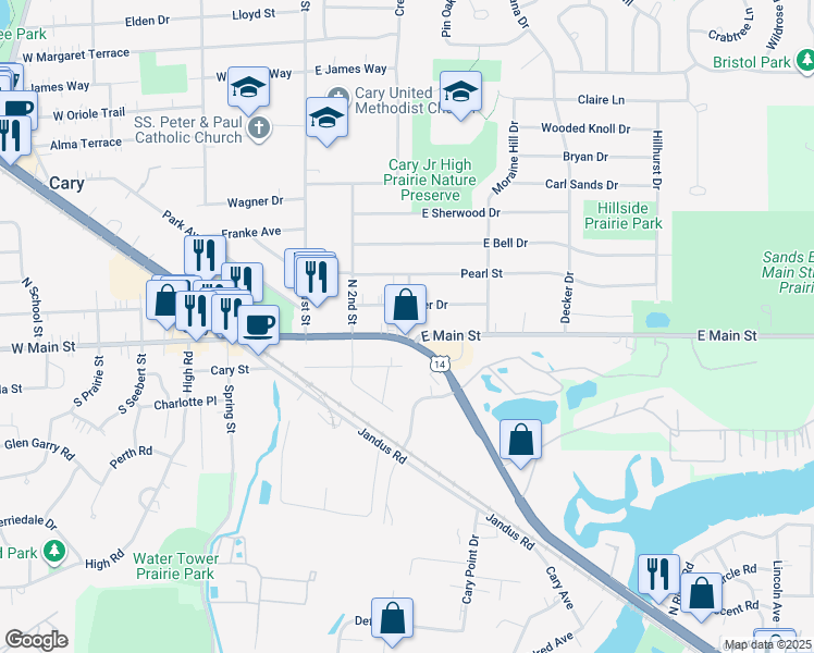 map of restaurants, bars, coffee shops, grocery stores, and more near 156 East Main Street in Cary