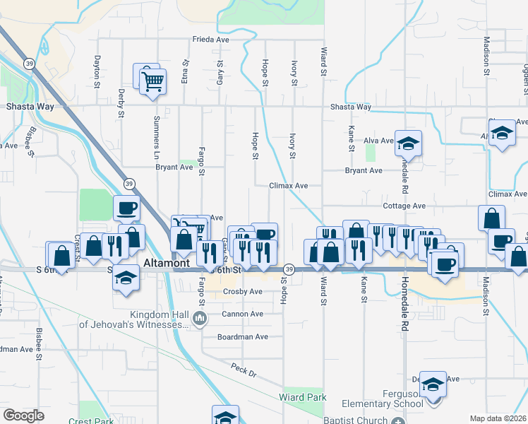 map of restaurants, bars, coffee shops, grocery stores, and more near 2133 Hope Street in Klamath Falls