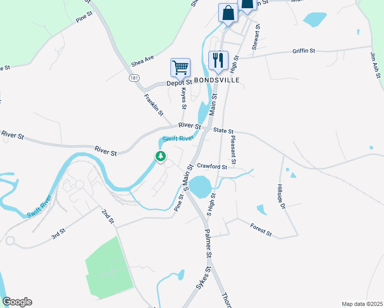 map of restaurants, bars, coffee shops, grocery stores, and more near 3065 South Main Street in Palmer