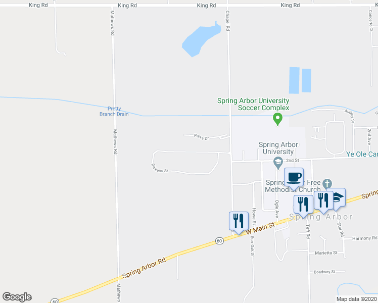 map of restaurants, bars, coffee shops, grocery stores, and more near 25 Dickens Street in Spring Arbor