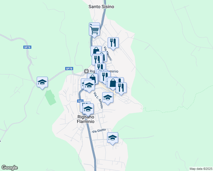 map of restaurants, bars, coffee shops, grocery stores, and more near 5 Via degli Orti in Rignano Flaminio