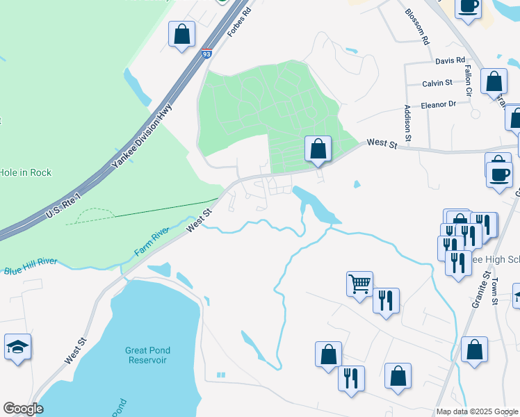 map of restaurants, bars, coffee shops, grocery stores, and more near 800 West Street in Braintree