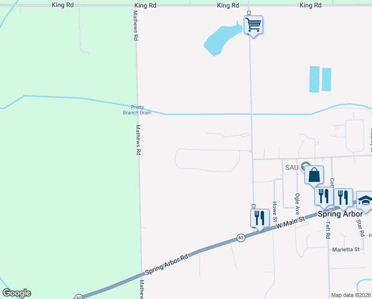 map of restaurants, bars, coffee shops, grocery stores, and more near 51 Dickens Street in Spring Arbor