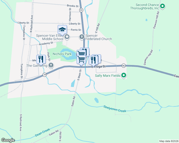 map of restaurants, bars, coffee shops, grocery stores, and more near 13 Guiles Road in Spencer