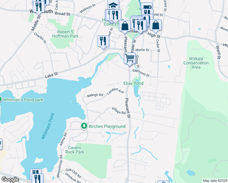 map of restaurants, bars, coffee shops, grocery stores, and more near 155 Lambert Avenue in Weymouth