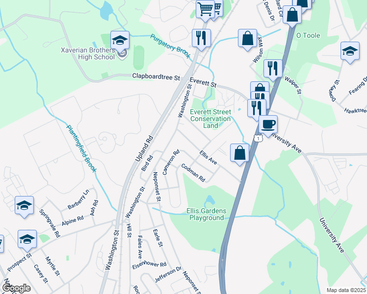 map of restaurants, bars, coffee shops, grocery stores, and more near 50 Cameron Road in Norwood