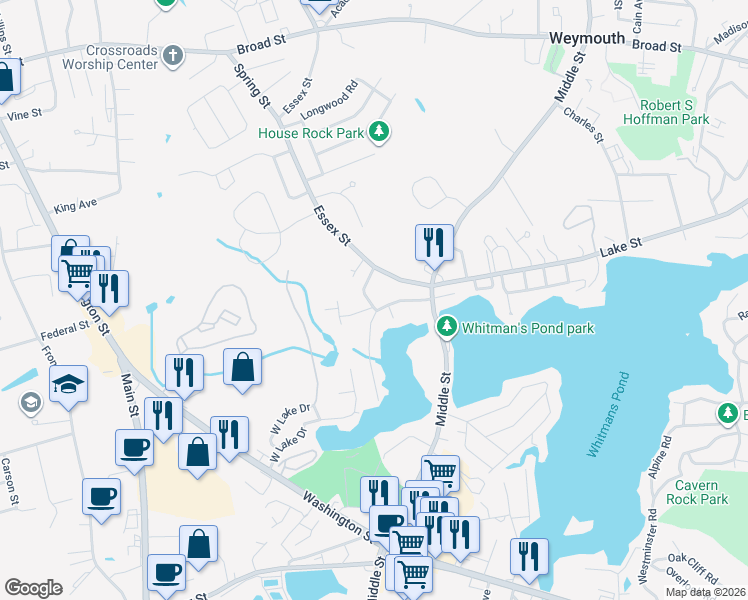 map of restaurants, bars, coffee shops, grocery stores, and more near 48 Greenwood Avenue in Weymouth