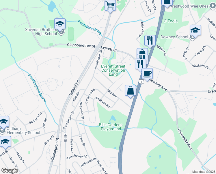 map of restaurants, bars, coffee shops, grocery stores, and more near 7 Maxwell Avenue in Norwood