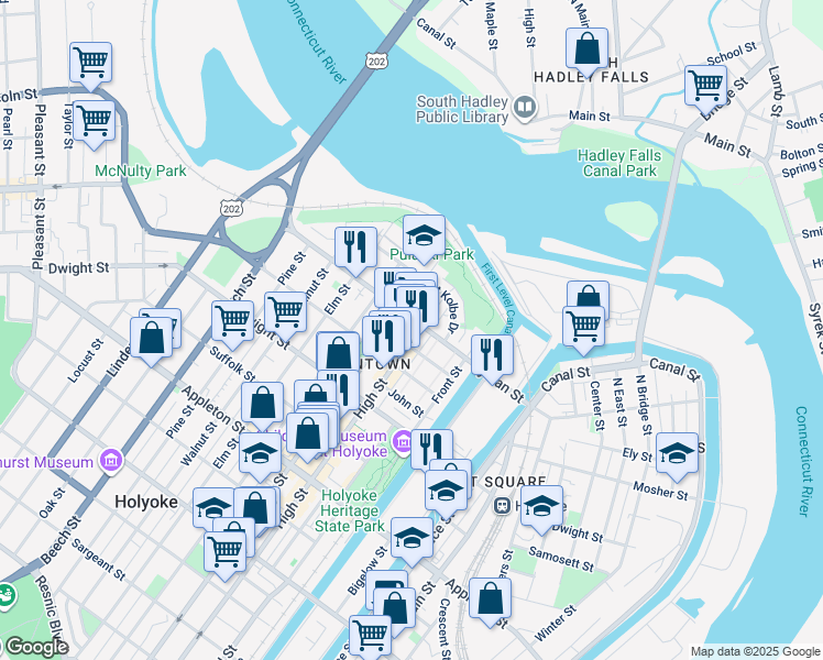 map of restaurants, bars, coffee shops, grocery stores, and more near 134 High Street in Holyoke