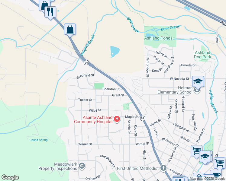 map of restaurants, bars, coffee shops, grocery stores, and more near 290 Grant Street in Ashland