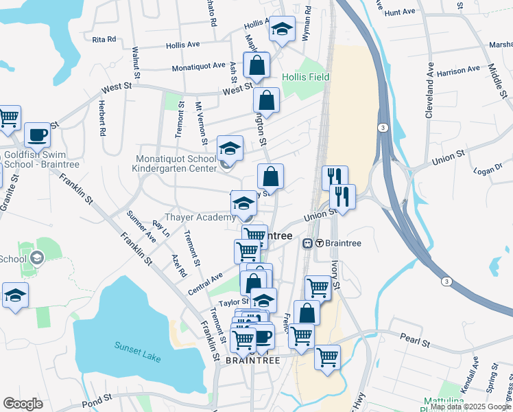 map of restaurants, bars, coffee shops, grocery stores, and more near 745 Washington Street in Braintree