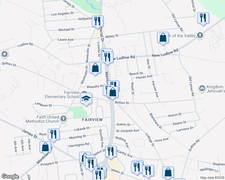 map of restaurants, bars, coffee shops, grocery stores, and more near 1911 Memorial Drive in Chicopee