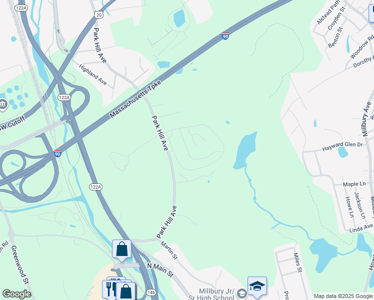 map of restaurants, bars, coffee shops, grocery stores, and more near 66 Park Hill Avenue in Millbury