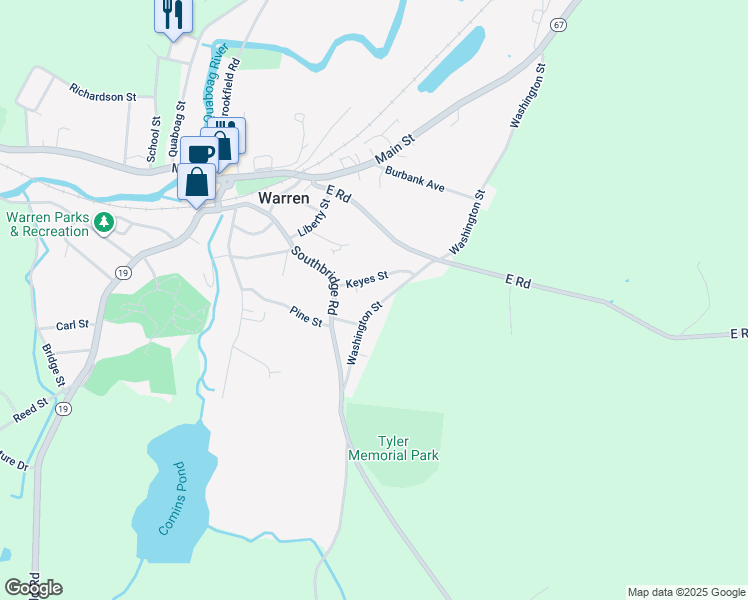 map of restaurants, bars, coffee shops, grocery stores, and more near 41 Keyes Street in Warren