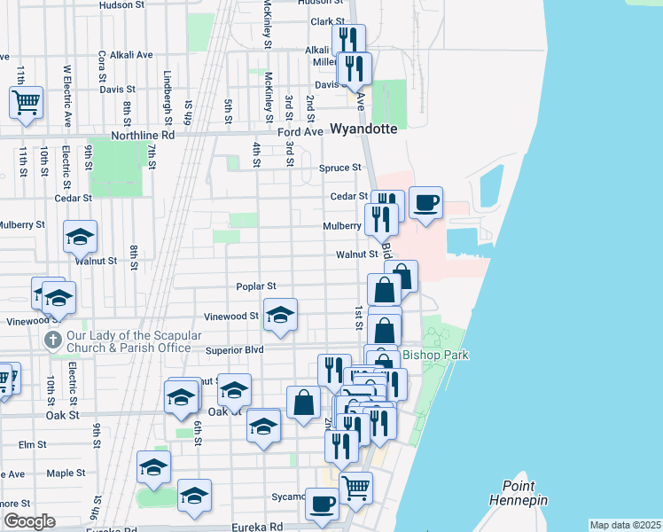 map of restaurants, bars, coffee shops, grocery stores, and more near 134 Walnut Street in Wyandotte