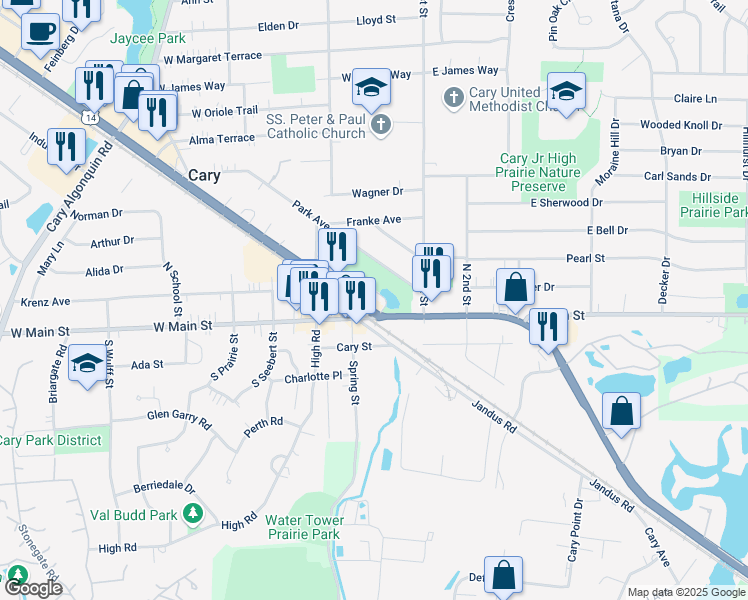map of restaurants, bars, coffee shops, grocery stores, and more near 52 Crystal Street in Cary
