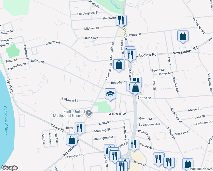 map of restaurants, bars, coffee shops, grocery stores, and more near 35 Beeler Avenue in Chicopee