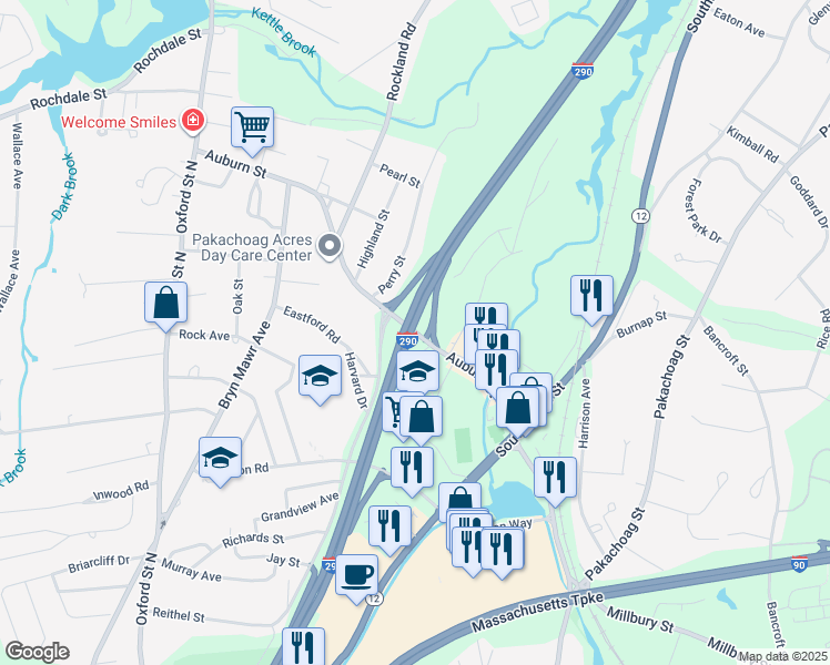 map of restaurants, bars, coffee shops, grocery stores, and more near Auburn Street in Auburn