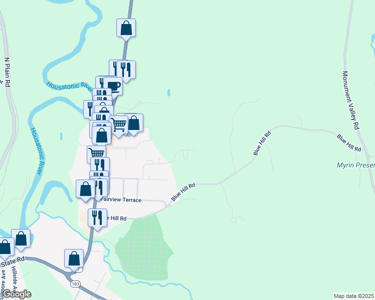 map of restaurants, bars, coffee shops, grocery stores, and more near 1 Rose Court East in Great Barrington