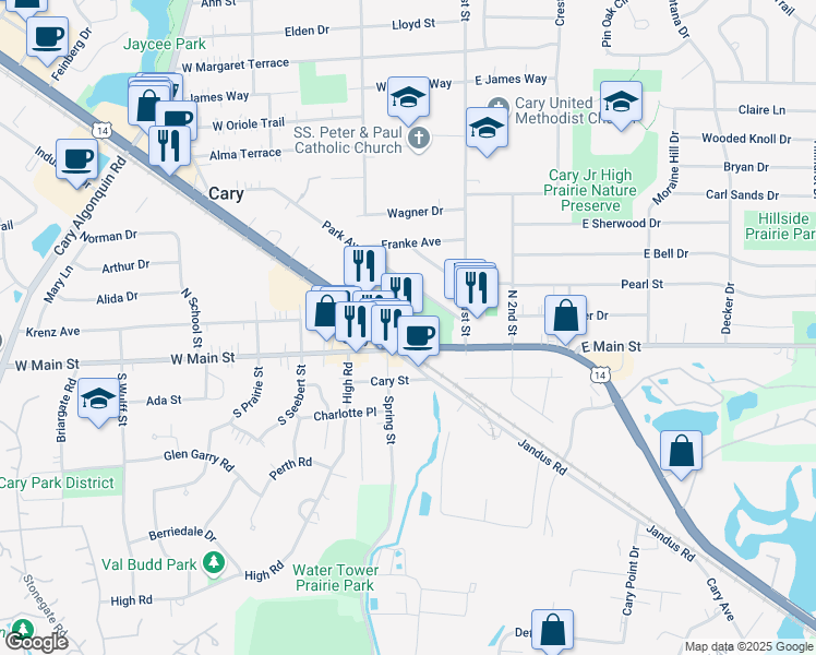 map of restaurants, bars, coffee shops, grocery stores, and more near 52 Crystal Street in Cary