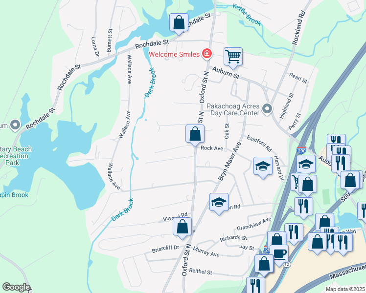 map of restaurants, bars, coffee shops, grocery stores, and more near 12 Walnut Street in Auburn