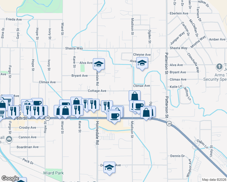 map of restaurants, bars, coffee shops, grocery stores, and more near 5539 Cottage Avenue in Klamath Falls