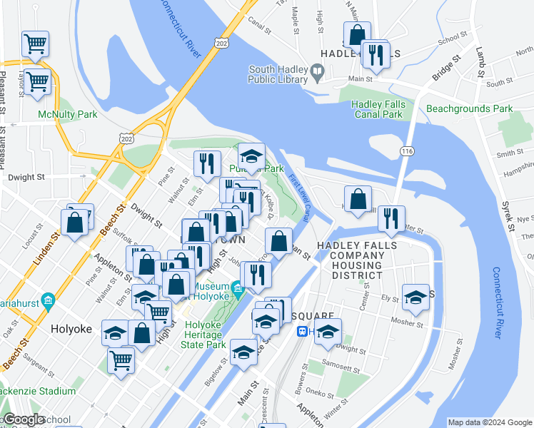 map of restaurants, bars, coffee shops, grocery stores, and more near 150 Saint Kolbe Drive in Holyoke