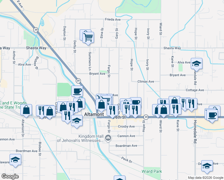 map of restaurants, bars, coffee shops, grocery stores, and more near 2014 Gary Street in Klamath Falls