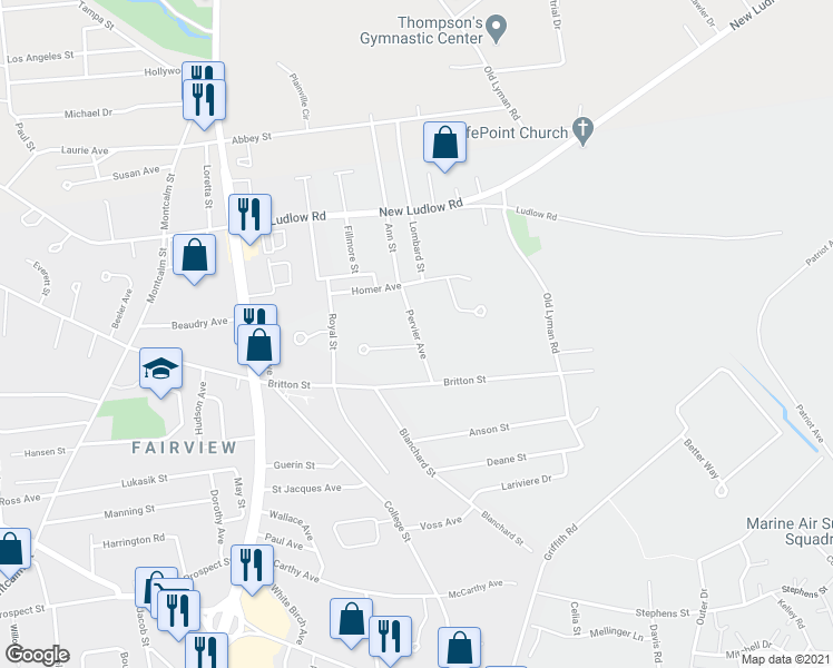 map of restaurants, bars, coffee shops, grocery stores, and more near 99 Pervier Avenue in Chicopee