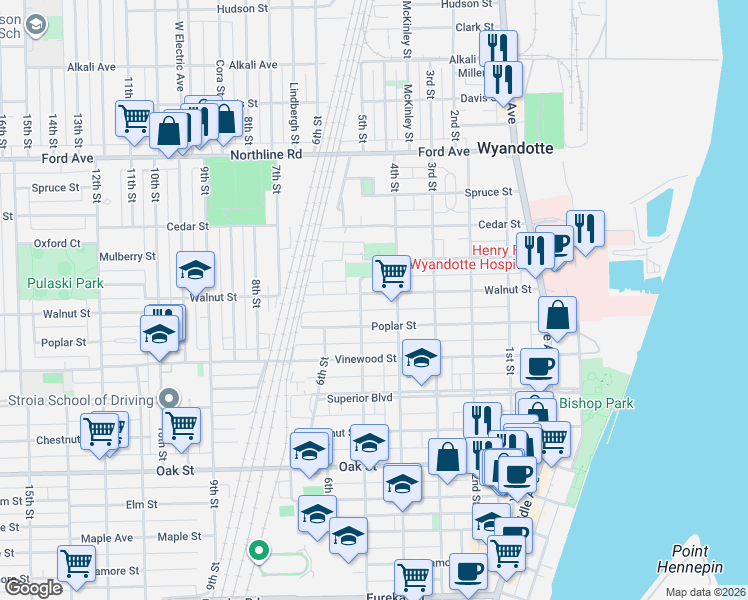 map of restaurants, bars, coffee shops, grocery stores, and more near 426 Walnut Street in Wyandotte