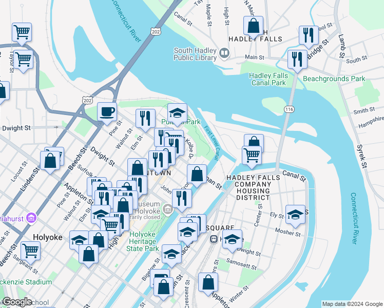 map of restaurants, bars, coffee shops, grocery stores, and more near 128 Saint Kolbe Drive in Holyoke