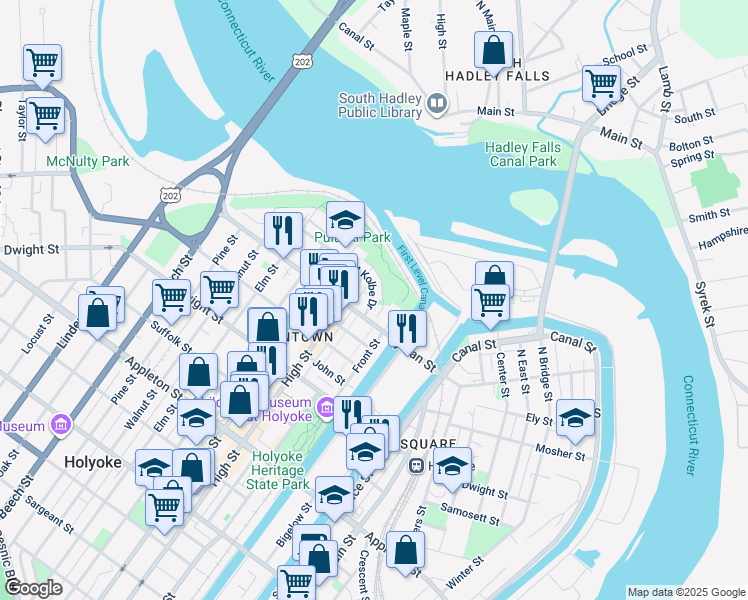 map of restaurants, bars, coffee shops, grocery stores, and more near 124 Saint Kolbe Drive in Holyoke