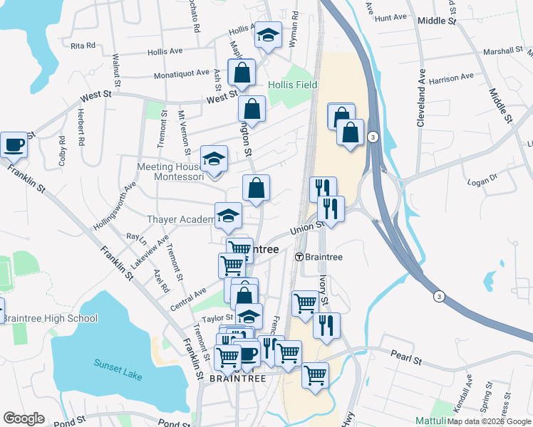 map of restaurants, bars, coffee shops, grocery stores, and more near 684 Washington Street in Braintree
