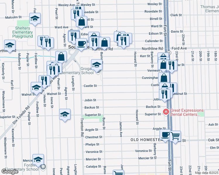 map of restaurants, bars, coffee shops, grocery stores, and more near 13558 Castle Street in Southgate