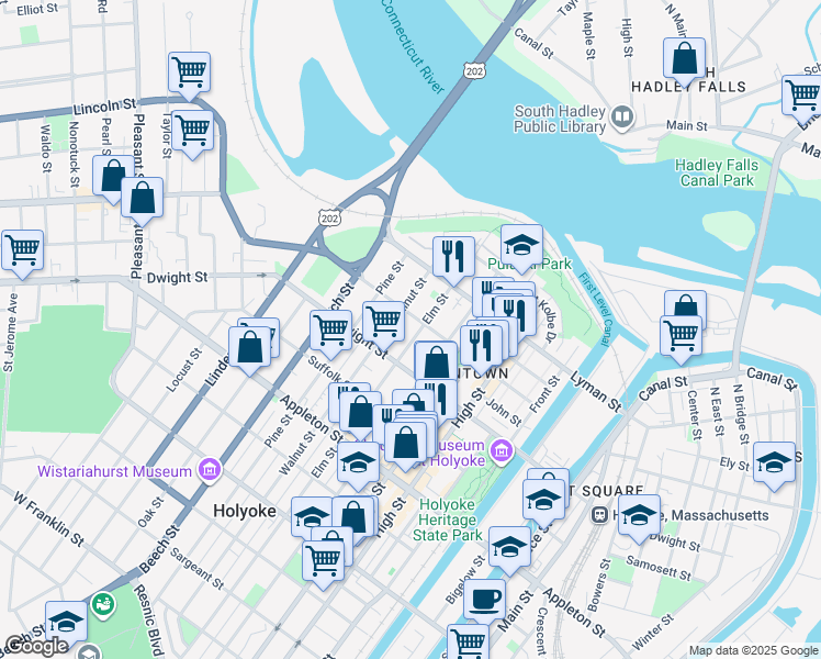 map of restaurants, bars, coffee shops, grocery stores, and more near 77 Elm Street in Holyoke