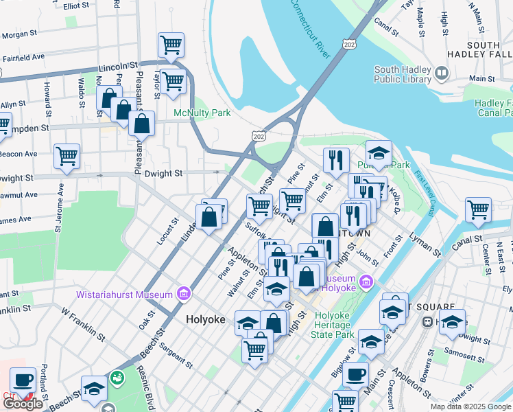 map of restaurants, bars, coffee shops, grocery stores, and more near 834 Dwight Street in Holyoke
