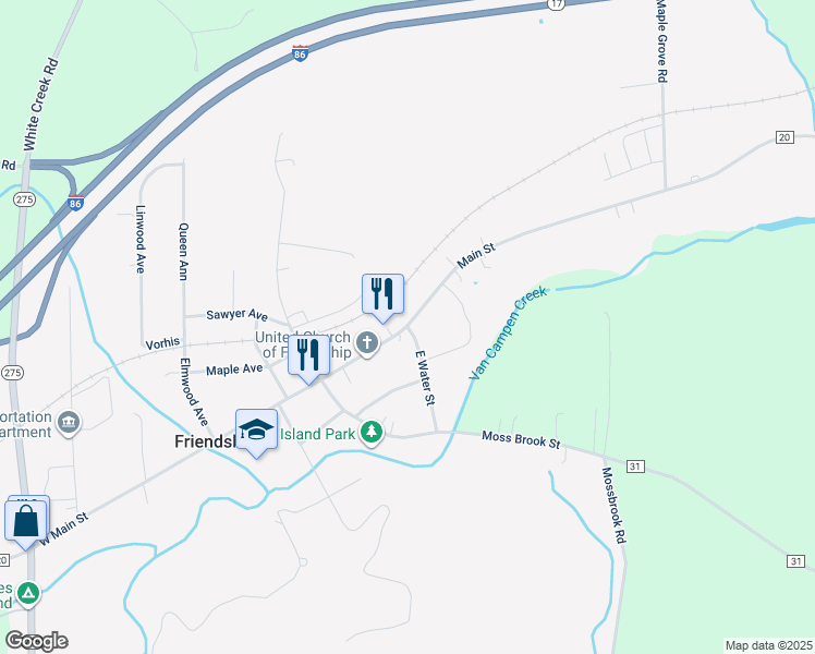 map of restaurants, bars, coffee shops, grocery stores, and more near 50 East Main Street in Friendship