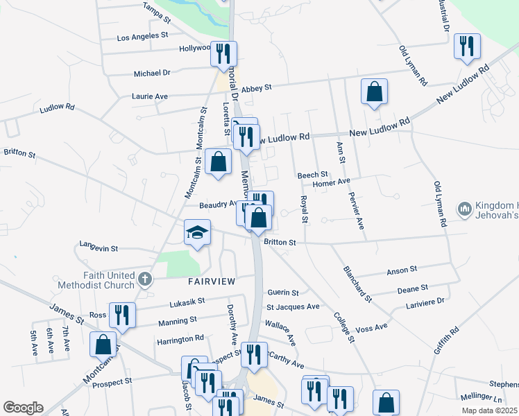 map of restaurants, bars, coffee shops, grocery stores, and more near 1935-1945 Memorial Drive in Chicopee