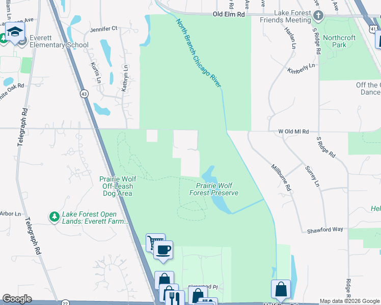 map of restaurants, bars, coffee shops, grocery stores, and more near 591 Old Mill Road in Lake Forest