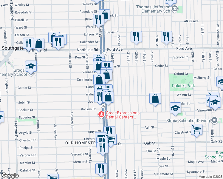 map of restaurants, bars, coffee shops, grocery stores, and more near 2330 23rd Street in Wyandotte