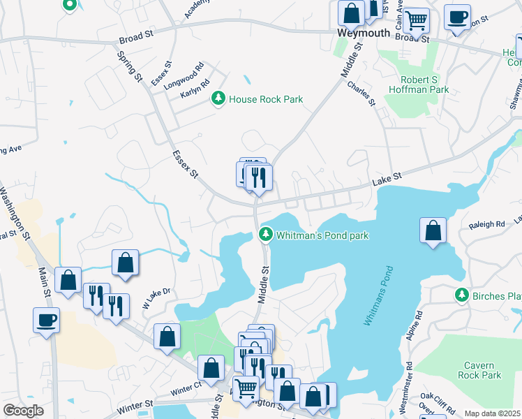 map of restaurants, bars, coffee shops, grocery stores, and more near 311 Lake Street in Weymouth