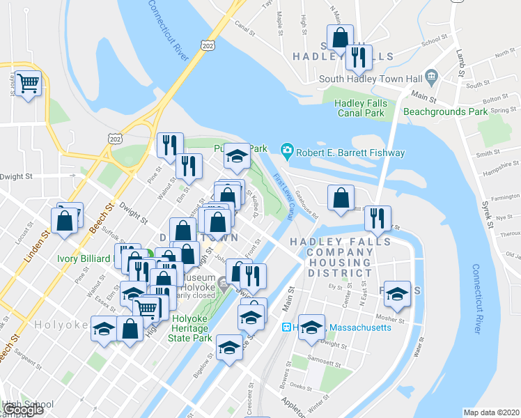 map of restaurants, bars, coffee shops, grocery stores, and more near 137 Saint Kolbe Drive in Holyoke