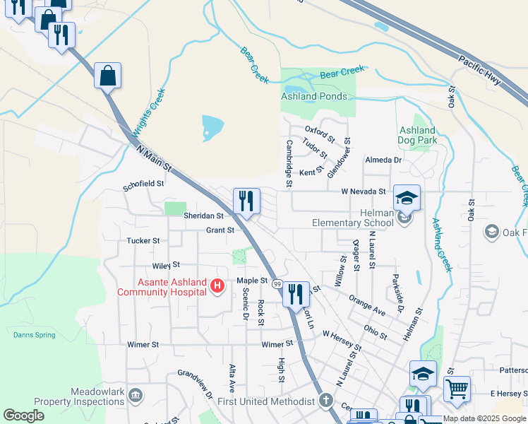 map of restaurants, bars, coffee shops, grocery stores, and more near 431 Lindsay Lane in Ashland