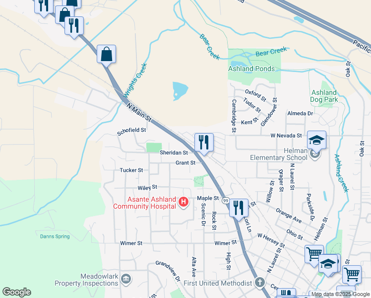 map of restaurants, bars, coffee shops, grocery stores, and more near 524 West Nevada Street in Ashland